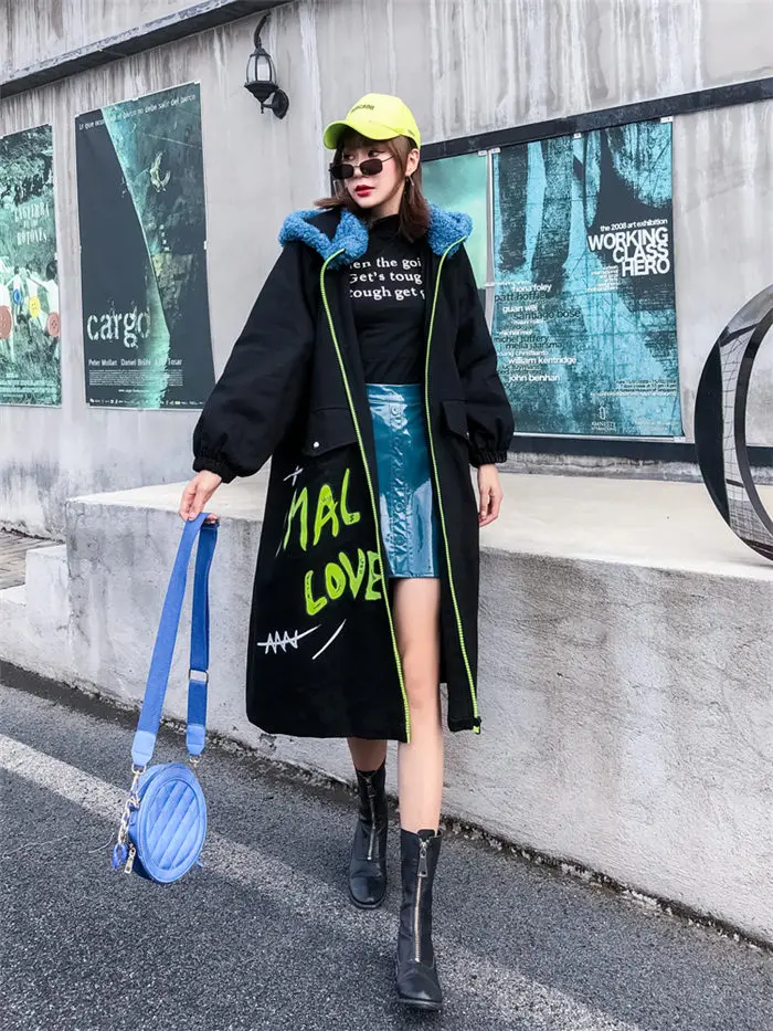 Harajuku модная стеганая хлопковая джинсовая куртка женская новая Корейская популярная цветная овечья шерсть шляпа с принтом граффити Длинная ветровка f2700