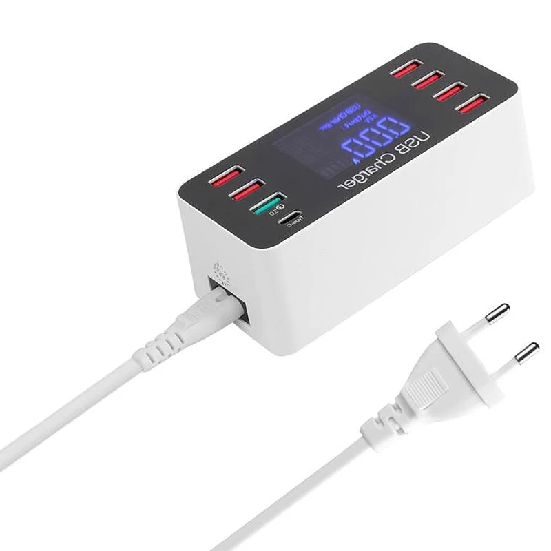 AABB-QC3.0 8 Port USB Charger 5V 9A 45W with Voltage Current LCD Display Desktop Charger Station Socket EU Plug