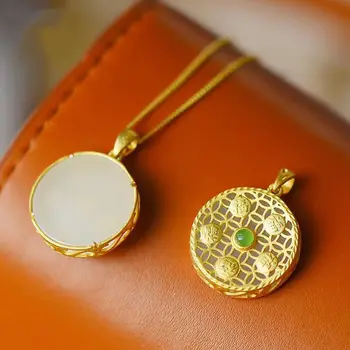 

Natural Hetian jade Round Pendant Necklace Chinese style retro palace style unique gold craft charm women silver jewelry