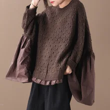 Женский свитер осень-зима большие размеры свободные пуловеры Женские топы с круглым вырезом с длинными рукавами соединенный Повседневный Ретро свитер
