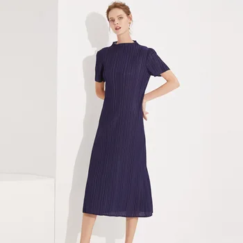 

LANMREM 2020 New Summer And Spring Fashion Women Clothes Pleated Stand Collar Half Sleeves Elastic Pullover Dress WJ18903