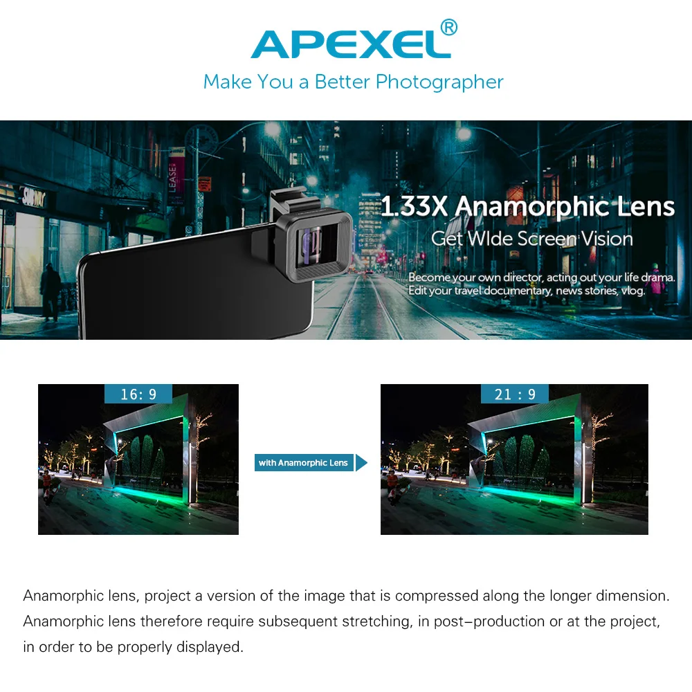 Apexel 1.33X Мобильный объектив деформация мобильный анаморфный объектив приложение телефон Filmmaking объектив для iPhone Pixel huawei samsung OnePlus