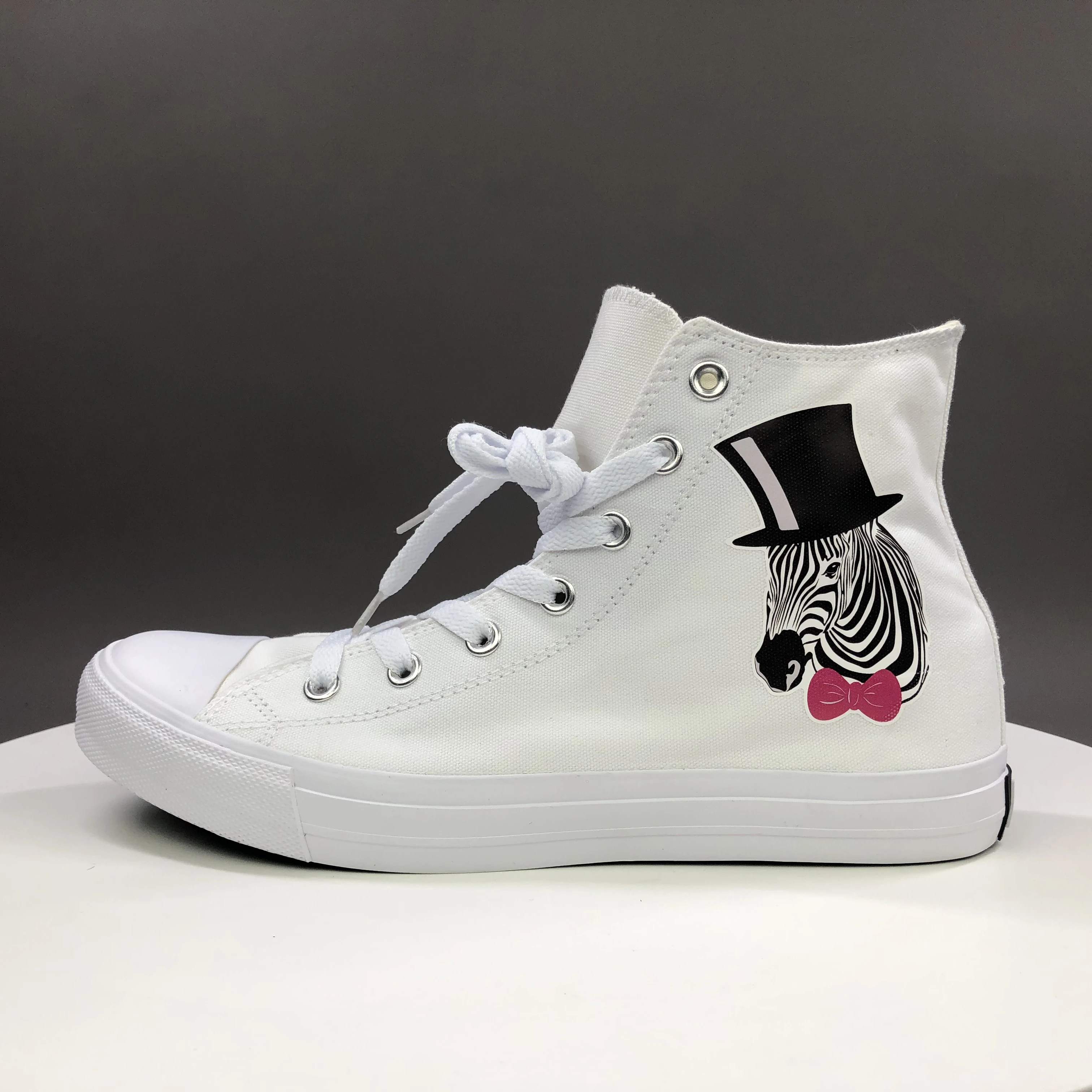 

Wen Original Design Zebra with Black Hat Pink-bow Tie Canvas Shoes Men High Top White Women Sneakers Gym Shoes Laced Plimsolls