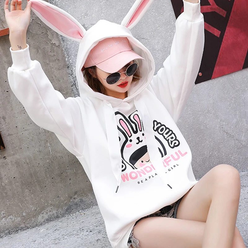 Осень Зима Kpop плюс бархат Kawaii кролик толстовка с ушками Женское пальто свободные плотные повседневные толстовки с принтом Корейская уличная одежда