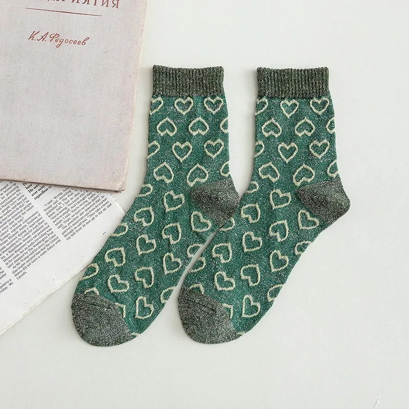 Green Socks Обувь в японском стиле Харадзюку на цвета: золотистый, серебристый шелковые носки с принтом в форме сердца любовь материал с круглым блестящие носки Для женщин Divertidos в студенческом стиле Skarpetki Sokken - Цвет: Green Socks