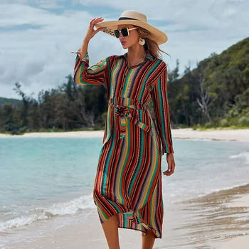 

Cotton Boho Dress Women suits Striped Robe Plage Vestidos Playa Swimwear Cover-ups Women Pareo Plage Sarong Swimsuit Cover up