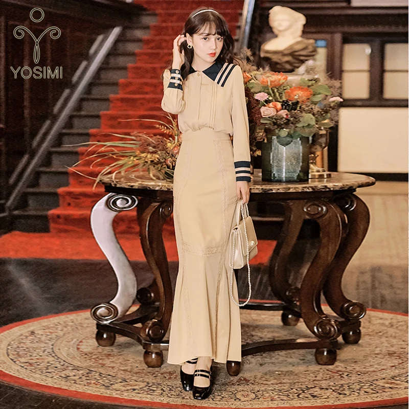 

YOSIMI 2019 Autumn 2 Piece Outfits Women Chiffon Sailor Collar Full Sleeve Blouse and Long Mermaid Skirt Sets Skirt and Top Set