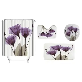 

4PCS/Set Daffodils Shower Curtain Floral Bath Curtain Waterproof Polyester GXMA