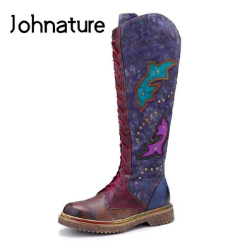 

Johnature 2020 New Winter Long Platform Boots Women Shoes Genuine Leather Mixed Colors Round Toe Sewing Zip Handmade Women Boots