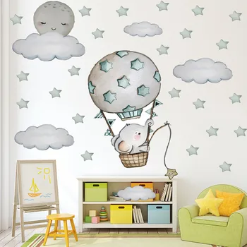 

2pcs Cartoon Baby Elephant Wall Stickers for Kids Room Baby Nursery Room Decor Hot Air Balloon Wall Decals Cloud Stars PVC Z0709