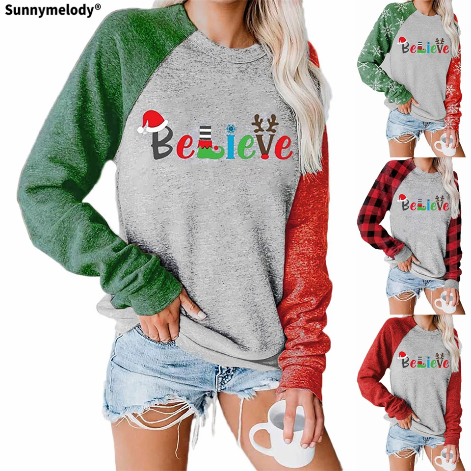 

Fall 2020 Winter Christmas sales women's hoodie Santa Hat Believe letter round neck sleeved shoulder long sleeve hoodie