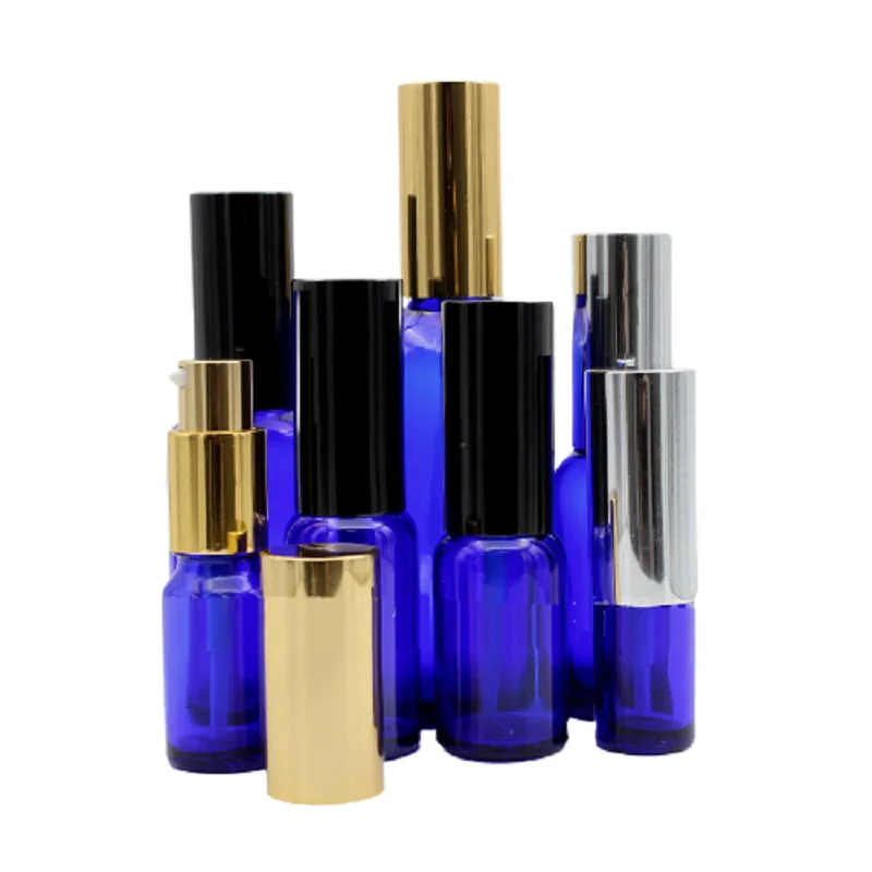 

Clear Blue Glass Empty Bottle Gold Silver Black Lotion Pump Cosmetic Packaging Essence Vials 5ML 10ML 15ML 20ML 30ML 50ML 100ML