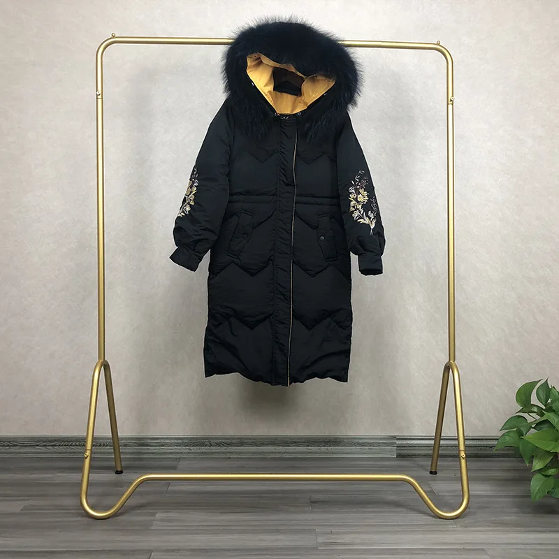 Down Jacket Women's New Winter Embroidered Thick Mid-length Slim Fit Slimming White Duck down Large Fur Collar Winter WOMEN