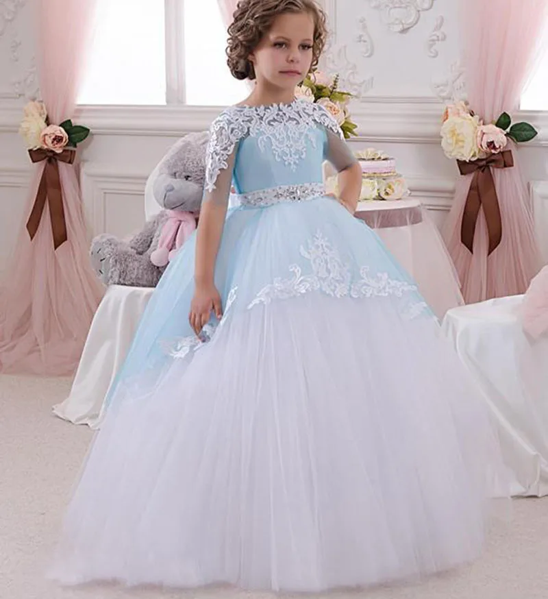 Vestidos De Primera Comunion/Бальные платья с вырезом на спине и рукавами средней длины, кружевное платье принцессы с цветочным узором для девочек 2, 3, 4, 5, 6, 7, 8, 9, 10 лет