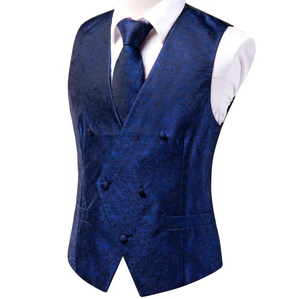 Hi-Tie 20 Color Silk Men's Vests and Tie Business Formal Dresses Slim Vest 4PC Hanky cufflinks for Suit Blue Paisley Waistcoat blazer suit