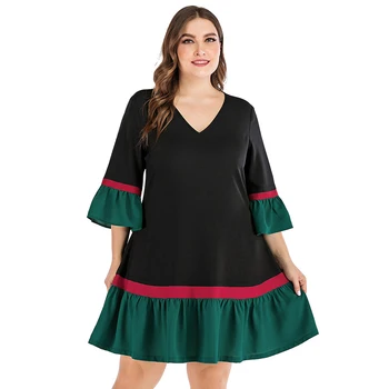 

Siskakia Plus Size Dress Spring Summer 2020 Knee Length Dresses V Neck 3/4 Sleeve Ruffle Ribbon Color Block Large Size Clothes