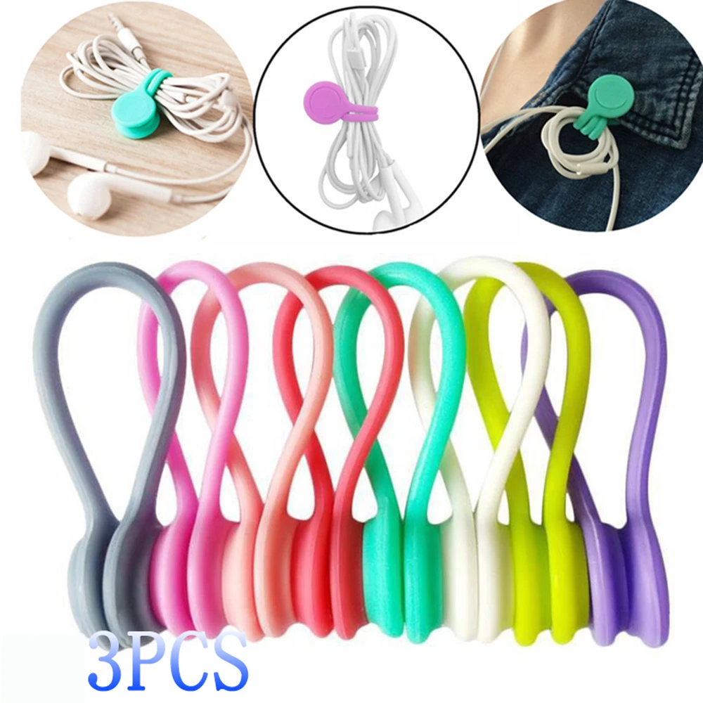 

3PCS Magnetic Soft Silicone Data Cord Coils Earphone Organizer Cable Winder Clip Holder,Random Color