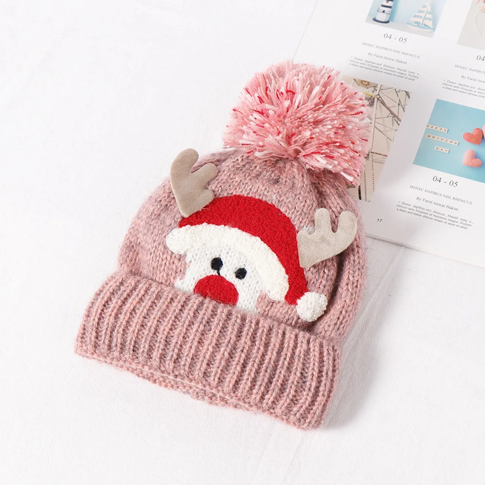 Детская Зимняя шерстяная Рождественская шапка на флисовой подкладке с рогами для детей 5 мес.-4 лет, наружная теплая шляпа для мальчиков и девочек, подарки - Цвет: Pink
