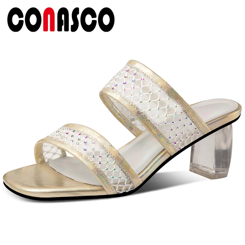 

CONASCO Summer Casual Sexy Women Cow Patent Leather Sandals Slippers Pumps Rhinestone Mesh Open Toe Thick High Heels Shoes Woman