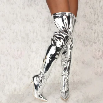 

Autumn Women Sliver Over Knee Boots Female Zipper Bling Thin High Heel Pointed Toe Thigh Boot Ladies Shoes Footwear Plus Size