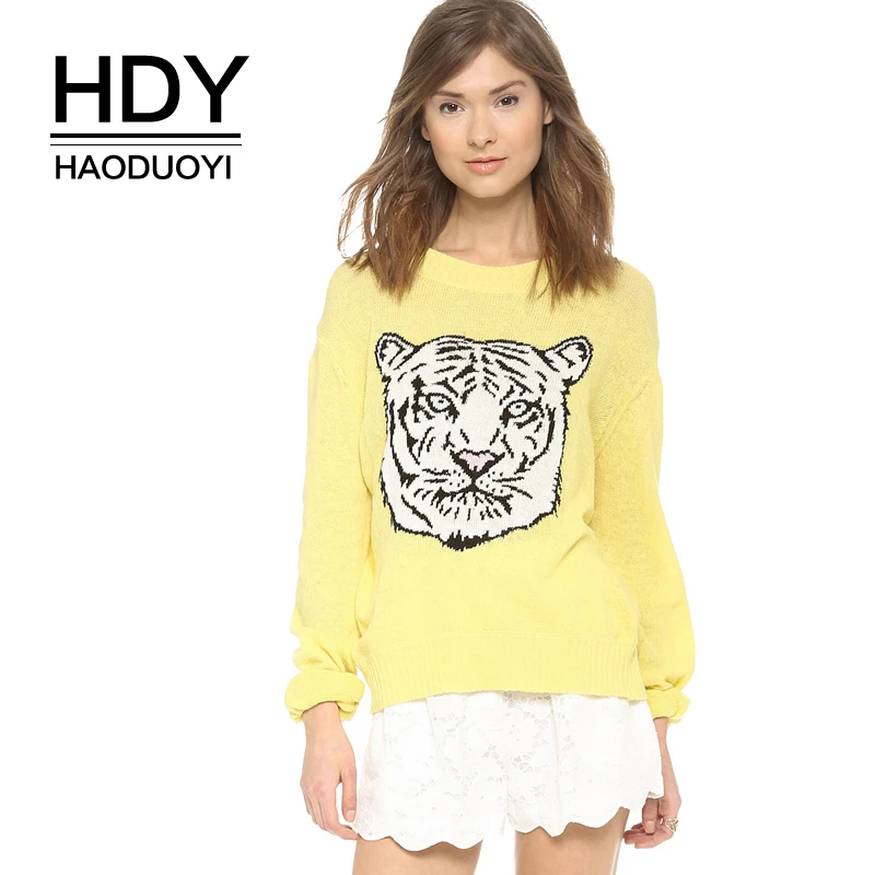HDY Haoduoyi Women Sexy Pattern Elegant Loose Plus Size Long Sleeve Crewneck Casual Animals Printed Super Comfy Pullover Sweater | Женская