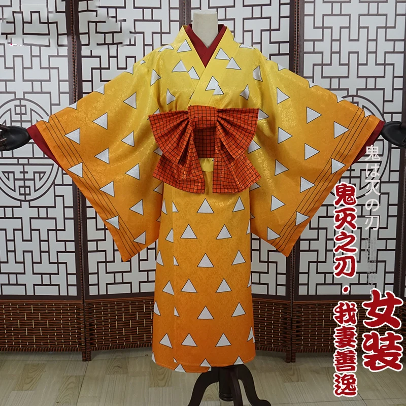 

Anime Demon Slayer Kimetsu no Yaiba Agatsuma Zenitsu Cosplay Costume Women Kimono Full Set Uniform Outfit Halloween Party