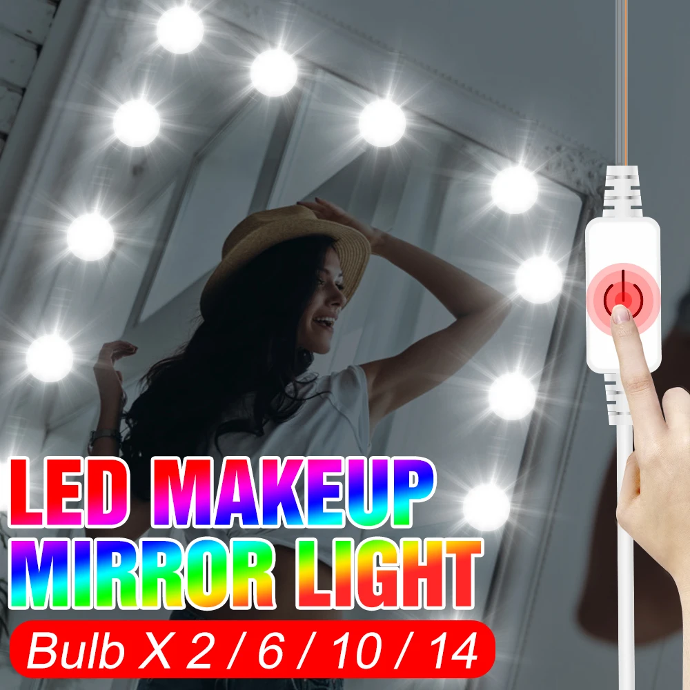 

USB Makeup Mirror Light LED Lamp Bulb DC 12V Dressing Table Touch Dimmable Hollywood Mirror Light LED Wall Lamp 2 6 10 14 Bulbs