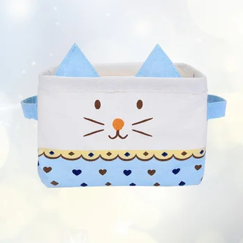 

Cotton Linen Waterproof Cloth Box Cat Ears Desk Storage Basket Storage Box (Blue)