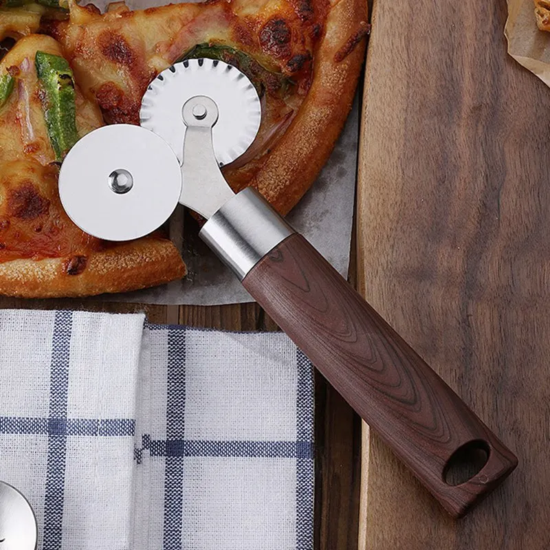 

Stainless Steel Double Wheel Pizza Cutter Wheel Cut Wood Grain Handle Baking Tool Pizza Knife Roller Kitchen Tools M