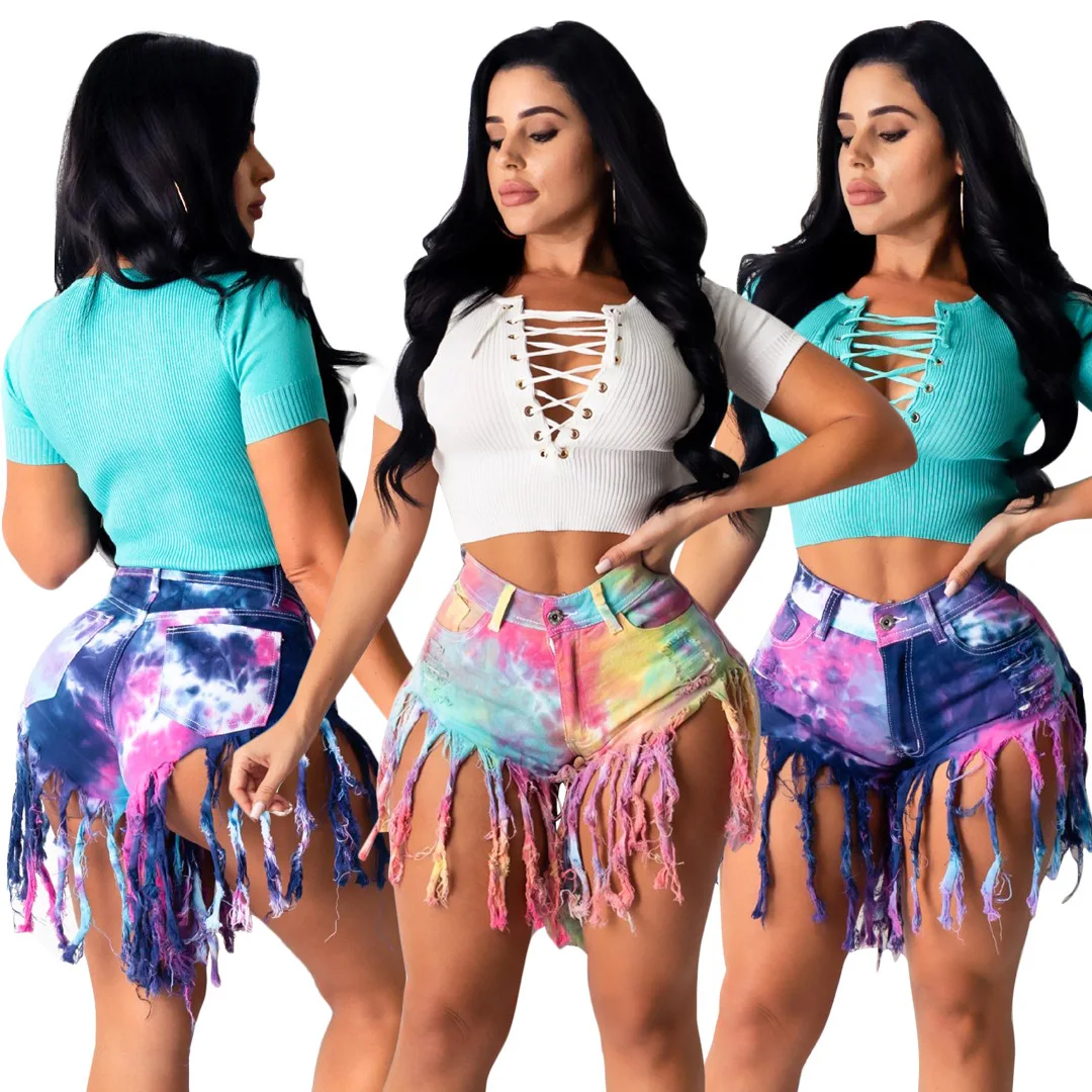 2026 Summer New Fashion Tie Dye Long tassel Denim Shorts For Women High Elasticity Skinny Jeans Shorts Street Trendy Clothing