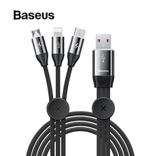 Светодиодный usb-кабель Baseus 3 в 1 type C для samsung S10 S9 iPhone 11Pro Max XR, USB кабель для зарядного устройства для автомобиля, Micro USB кабель, USB-C провод