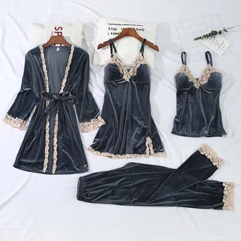 

women's pajamas long-sleeved Sexy lace robe gold velvet 4 pieces with chest pad home service suit pajamas set female loungewear