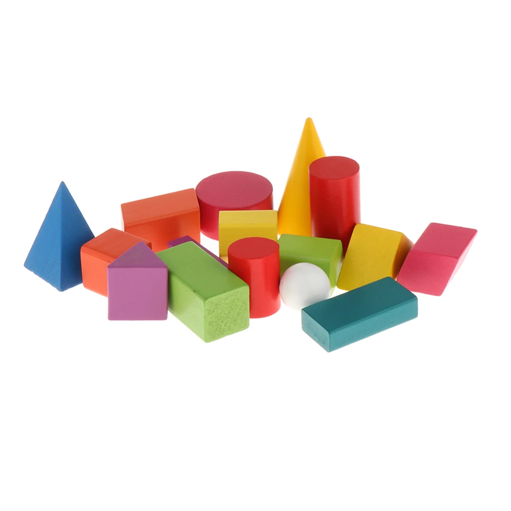 16x 3D Shapes Geometric Solids Wooden Montessori Toys Math Games Toys Blocks