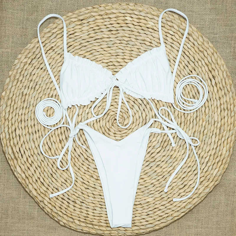 INGAGA Push Up Bikinis Swimwear Women Ruffle Swimsuits White Biquini Bathing Suits Thong Swim Suit 2020 String Bow Bathers
