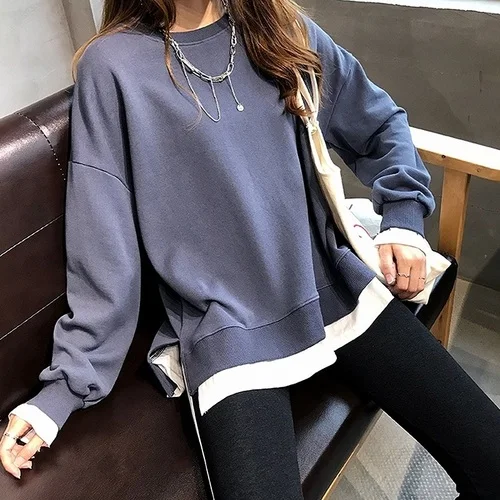 Harajuku Sudadera Mujer, осенне-зимний тонкий хлопковый свитер, свободные толстовки в стиле пэчворк, Женские однотонные спортивные костюмы из двух частей - Цвет: Xian 5571 lan