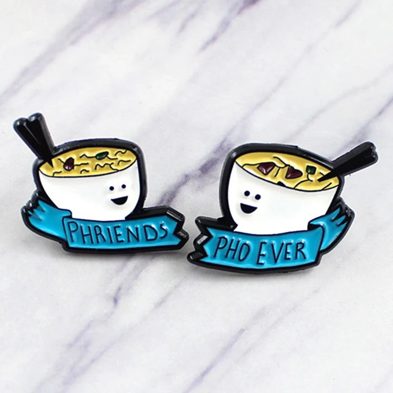 Cartoon White Bowl Cute Smile Face Blue Ribbon Phriends Pho Never Slogan Enamel Brooch Cute Food