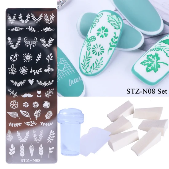 STZ-N08 Set 1 Набор для штамповки ногтей, штамповка, скребок, лист, роза, снежинки, дизайн ногтей, штамп, шаблоны, губка, Рождественский маникюр, TRSTZN01-12-2 - Цвет: STZ-N08 Set