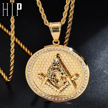 

HIP Hop Bling Iced Out Bling Masonic AAA Rhinestone Stainless Steel Pendants & Necklaces For Men Jewelry Link Chain