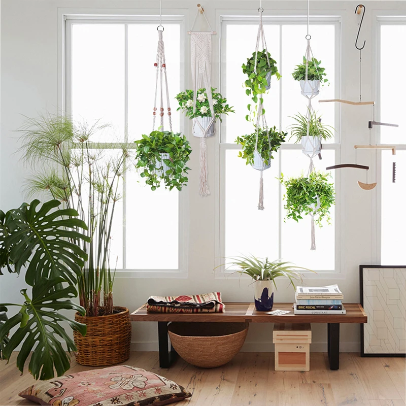 

HOOQICT 100% Handmade Macrame Wall Hanging Flowerpot Plant Holder Balcony Decorative Wicker Basket Flower Stands Bohemian Decor