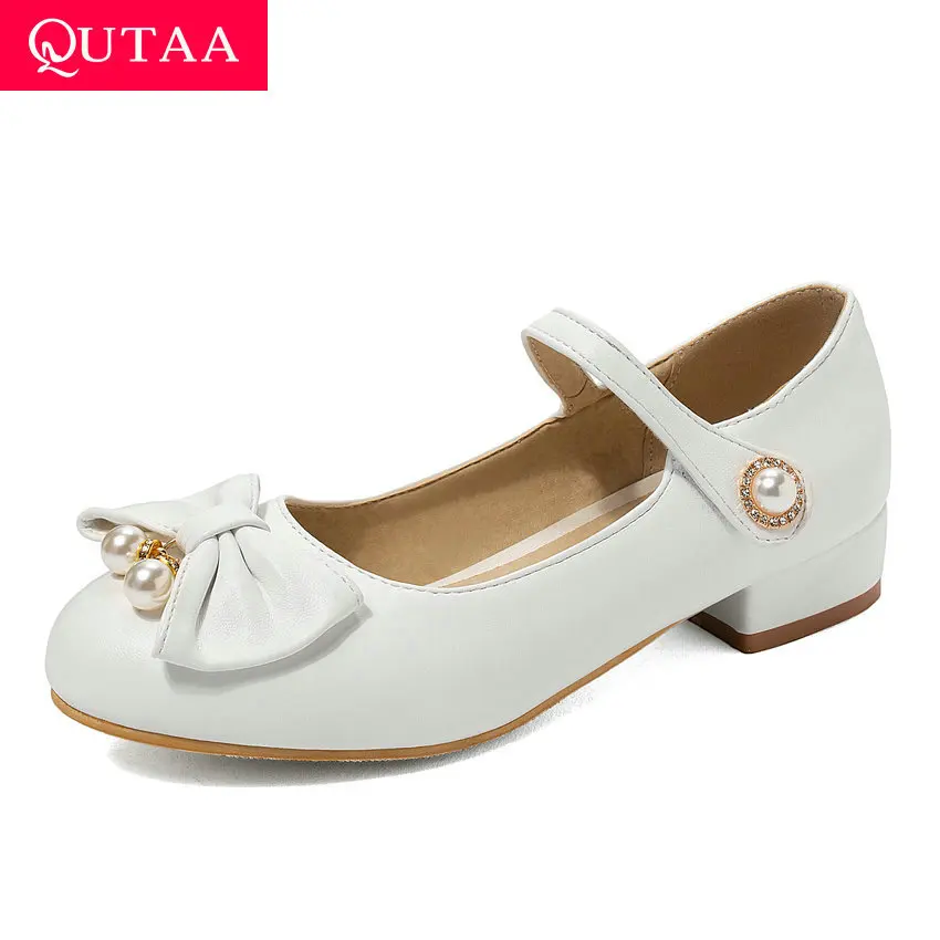 

QUTAA 2020 Square Heel Sweet Women Shoes Butterfly-Knot Round Toe PU Leather Ladies Pumps Bead Hook&Loop Single Shoes Size 34-43