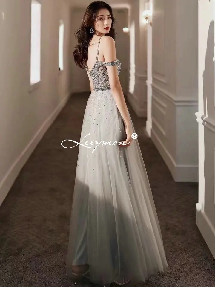 Leeymon Sexy Bare Back Luxury Beaded Prom Dress Tulle Floor-Length Spaghetti Strap Party Dress Custom Made
