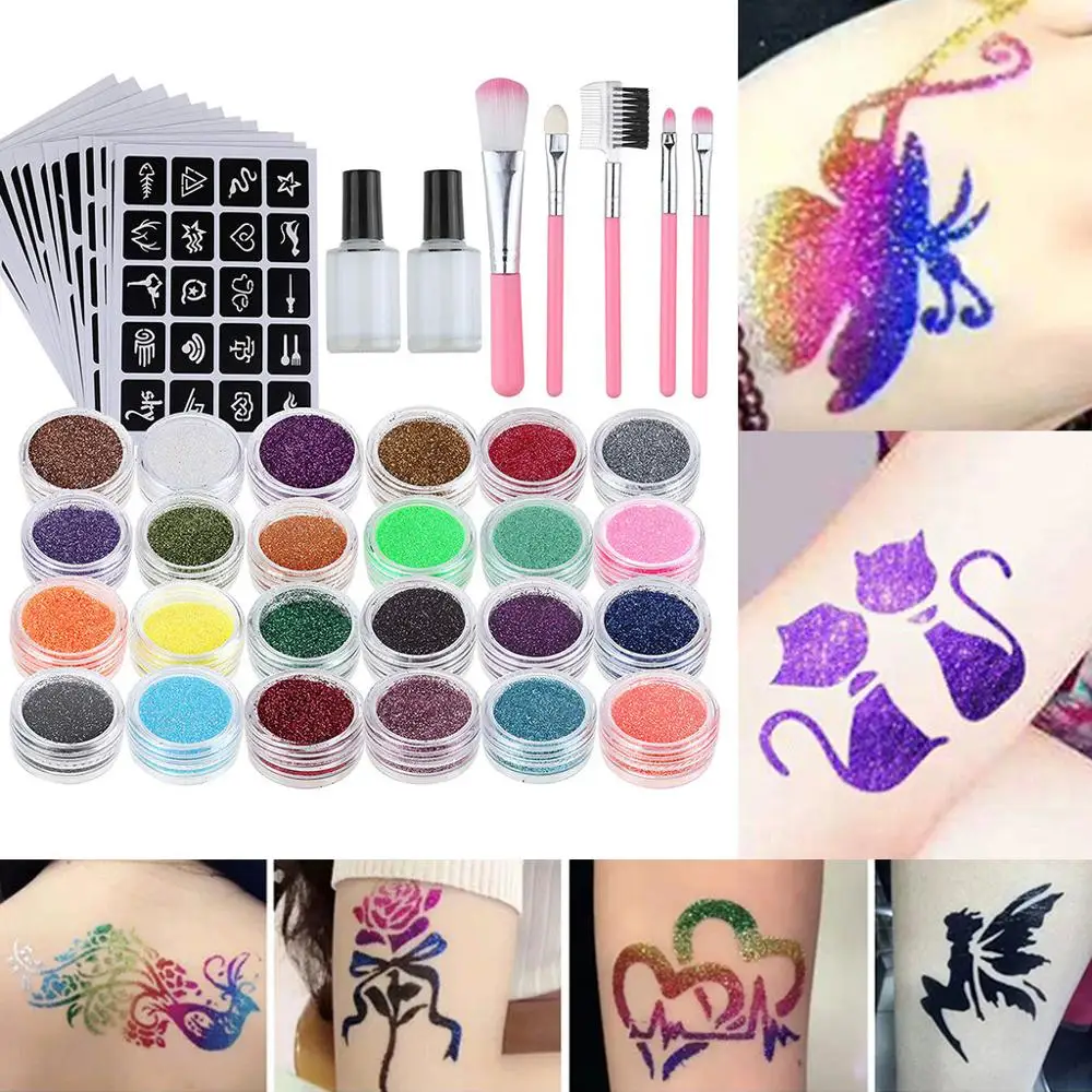 

Shiny Tattoo Set -24PS Glitter +117PC Tattoo Template + 2PC Glue + 5PC Brush Colourful DIY Handmade Festival Makeup Tools Party