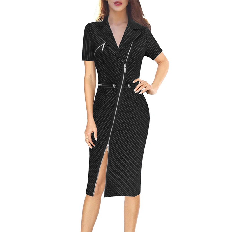 Black White Striped Vfemage, женское сексуальное элегантное асимметричное платье с отворотом, на молнии, с пуговицами, на каждый день, для работы, офиса, бизнеса, вечерние, облегающее платье 10079 - Цвет: Black White Striped