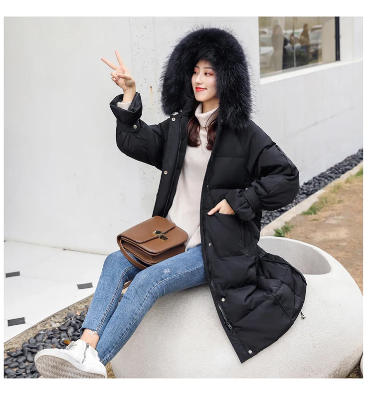 Зима, стиль, белый пуховик, женское, средней длины, Dongdaemun, плотное, для похудения, большой меховой воротник, выше колена, длинное пальто