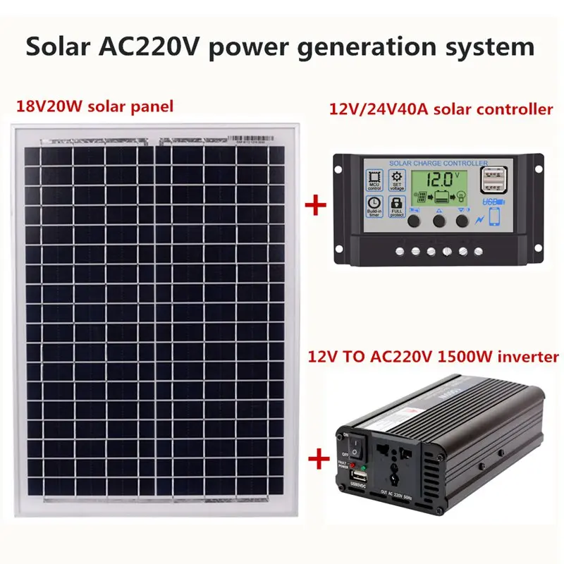 18 в 20 Вт солнечная панель+ 12 В/24 В контроллер+ 1500 Вт Инвертор Ac220V комплект, подходит для наружного и домашнего использования Ac220V Солнечная энергосберегающая P