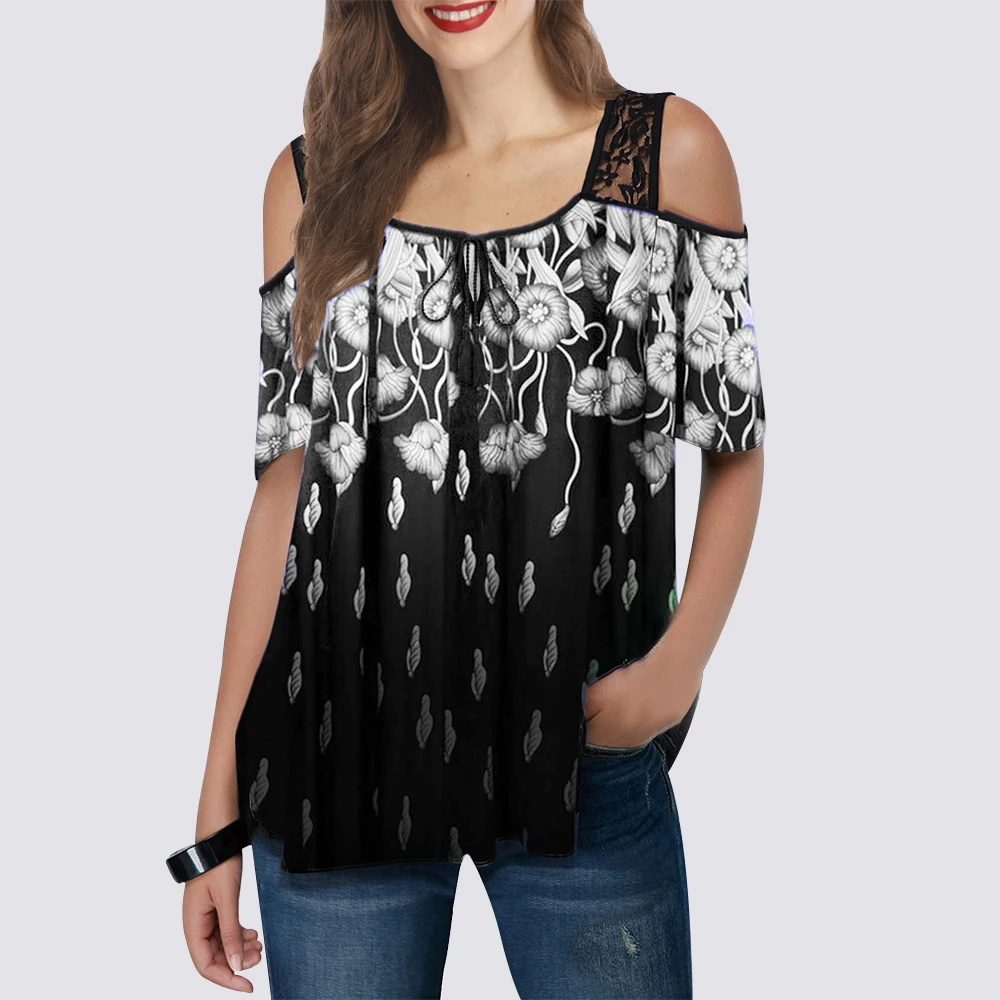 

Womens Tops T Shirt Women Summer Leopard Print Floral Cold Shoulder Sexy Shirts Plus Size Lace Ladies Top Camisas Mujer Blusas