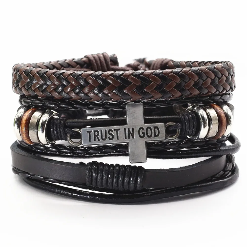 Leather Bracelets 3 Pcs/Set Men Bangles For Women Wood Beads Feather TRUST IN GOD Cross Charm Homme Gift Jewelry Freely Shipping bracelet jewelry