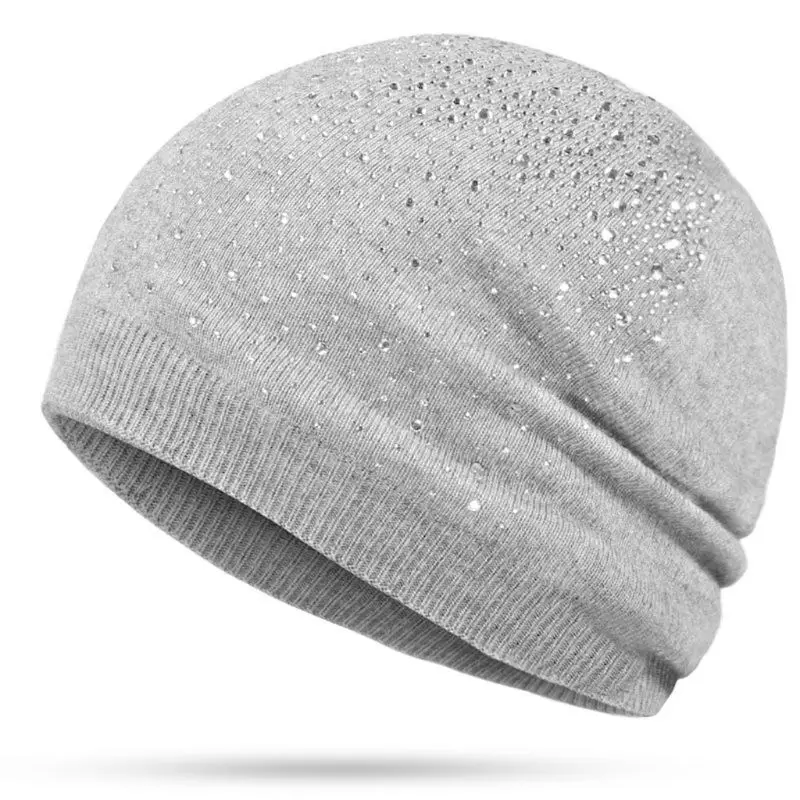 Light Gray Женская зимняя вязаная шерстяная шапка, утепленные мягкие шапочки, теплые стразы, шапки Skullies - Цвет: Light Gray