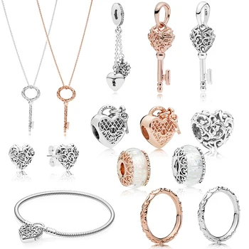 

Fashion 925 Silver Classic Rose Gold Luxury Charm Heart Key Beaded Earring Necklace Pendant Bracelet Birthday Proposal Best Gift
