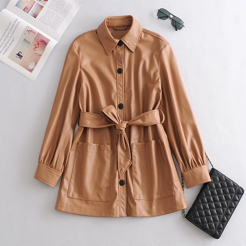 Женская кожаная рубашка с длинным рукавом металлическими пуговицами | одежда